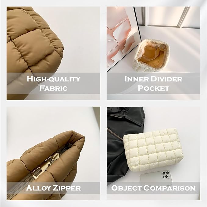 Puffy Quilted Makeup Bag for Women, Cosmetic Bag, Travel Toiletry Organizer Pouch Clutch (white)