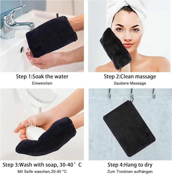 PHOGARY 6 Pack Microfiber Face Washcloths Facial Wash Mitts, 7.8"x5.1" Soft Flannel Towel for Washing Face, Reusable Makeup Remover Absorbent Easy-Dry Puffy Washcloths with Hanging Loop, Black