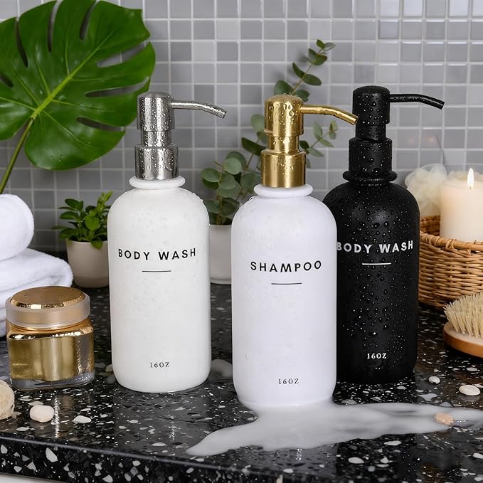 Set of 3 Shampoo and Conditioner Dispenser Stainless steel pump head - 16oz Durable Shower Soap Dispenser and Shampoo Bottles - Easy to Refill Bathroom soap dispenser set Bathroom Decor with Labels