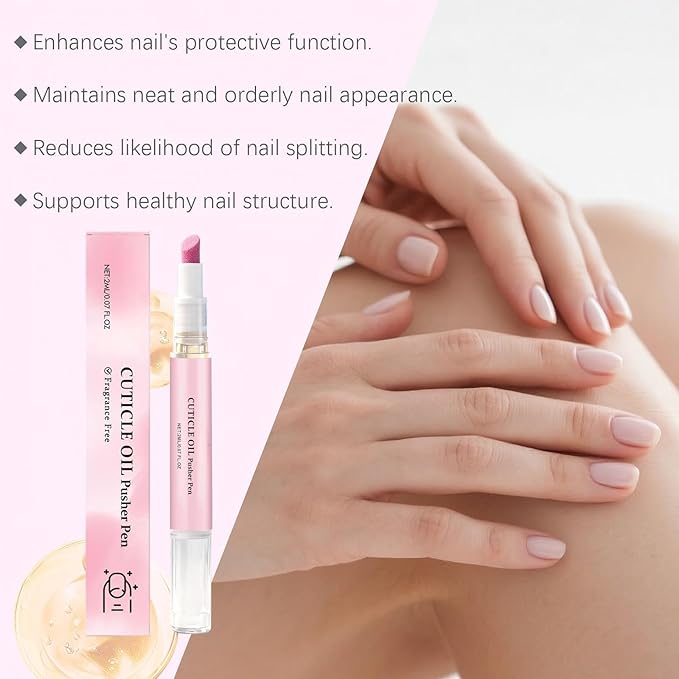 Ceramic Cuticle Pusher & Nail Oil Pen, 2-in-1 Nail Care Tool for Sensitive or Damaged Nails, Gentle Hangnail Remover, Portable Nail Pen with Stainless Steel Cuticle Cleaner (Pink)
