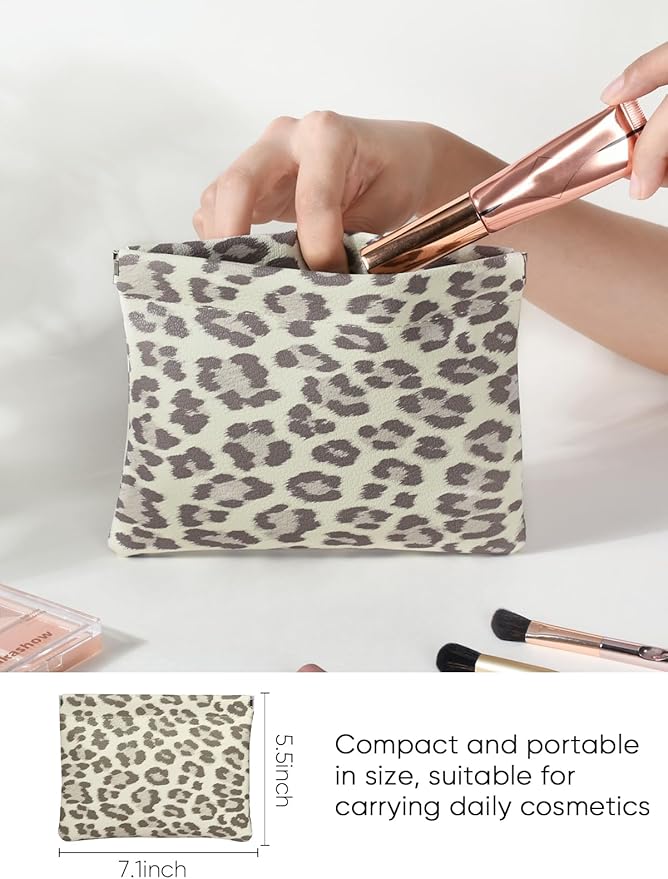 Leopard Leather Small Makeup Pouch for Women,Cosmetic Accessories,Waterproof and Portable Cosmetic Bag,Self-closing, No Zipper, Aesthetic Storage Pouch,Lipstick for Purse,Beige Brown