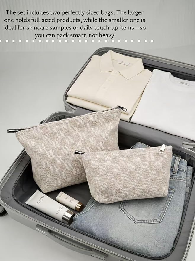 2-Pack Beige Checkered Makeup Bag Set - Large Capacity Cosmetic Organizer Pouch | Travel Toiletry Bag for Women Girls