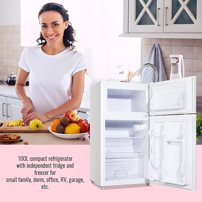 WANAI 3.5 Cu.ft Retro Mini Fridge with Freezer Small Refrigerators Dual Doors & Handles White Freestanding Classic Refrigerator Removable Glass Shelves Adjustable Thermostat for Home Office Dorm RV