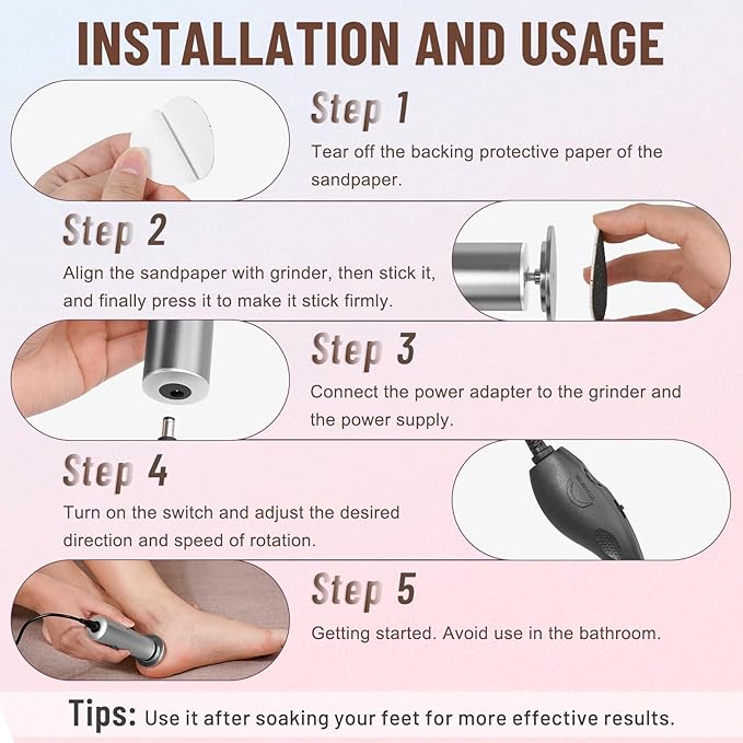 Dermawave Electric Foot File Callus Remover for Feet, Professional Electric Foot Sander Filer Grinder with 60 Sandpaper Discs for Men & Women, Pedicure Tool for Corn Dead Skin Cracked Heel