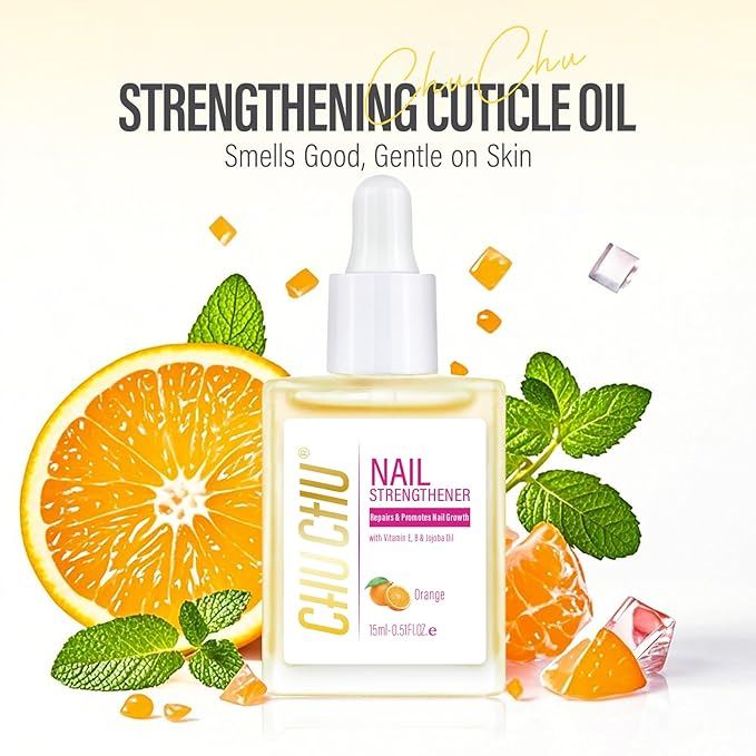 CHUCHU Nail Cuticle Oil Strengthener - Orange Scent Repair Growth Moisturizing Treatment - Natural Jojoba Vitamin B & E for Dry Cracked Nails