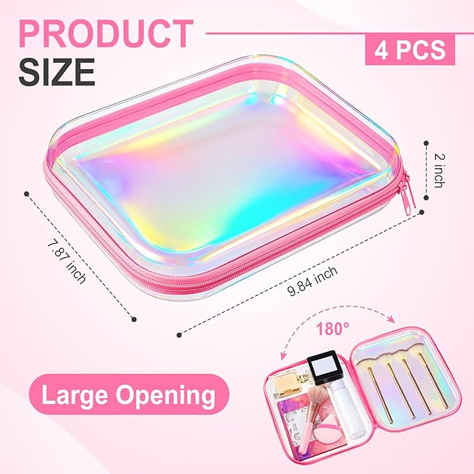 Hoolerry 4 Pcs Hard Clear Zipper Case Makeup Bags Plastic Zipper Pouch Transparent Storage Box Containers for Cosmetics, Snacks, Building Blocks, Puzzles(Clear,9.8 x 7.9 x 2 in,Pink Laser)