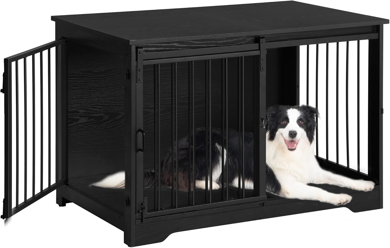 39.3" Dog Crate Furniture with Barn Door, Heavy Duty Dog Kennel Indoor with 2 Doors, Wooden Pet Cage End Table for Large Small Medium Dogs, Anti-Chew Anti-Escape, Black DFC02304B