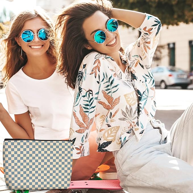 6 Pcs Checkered Makeup Bags Make up Bag Cosmetic Bags for Women Girls Sister Bridesmaid Auntie Friendship Christmas Birthday Travel Toiletry Bag Aesthetic Zipper Organizer Accessories, Cute Blue Plaid