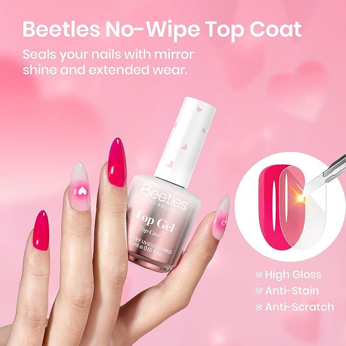 Beetles Gel Base and Top Coat Set, 2Pcs 15ml No Wipe Top Coat Gel Nail Polish & Strong Adhesion Base Coat Long Lasting UV Lamp Needed Nail Art Design Manicure Gifts for Women