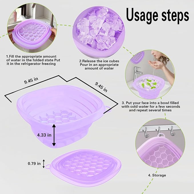 Face Bowl for Ice with Built-in IceTray,Collapsible Silicone Face Ice Bowl – Cold Plunge Therapy for Skin Tightening & Facial Treatment– Portable Spa Tool for Home & Travel（Purple)