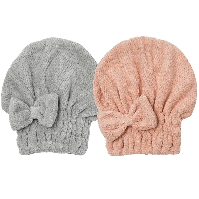 Microfiber Hair Towel, Hair Towel Cap,Absorbent Hair Turban Towel,Hair Drying Towel to Dry Curly or Straight Short Hair Quickly(Pink&Gray)