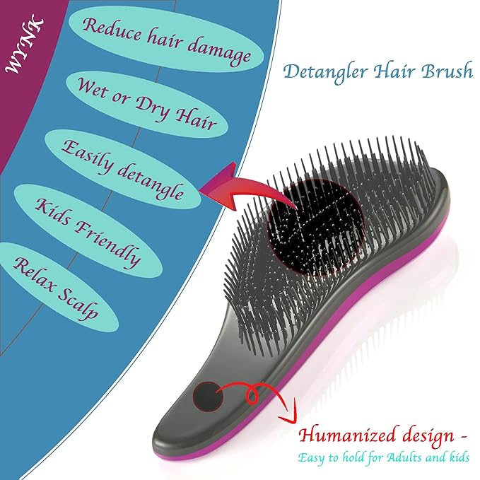 WYNK Gentle Detangling Hair Brush for Adults & Kids – 2 Pack, Painless for Wet or Dry Curly/Straight Hair, Reduces Breakage, Comfortable Scalp Feel