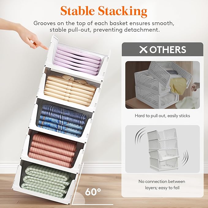 Lifewit 6 Pack Stackable Closet Organizers and Storage Basket for Clothes, Plastic Sweater Storage Bins for Wardrobe, Multifunctional Pants Organizer for RV, Pantry, Bathroom, Kitchen, Dorm, 24L