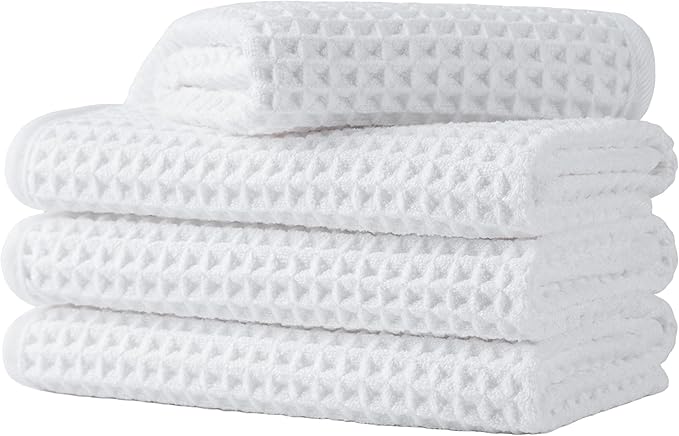 Microfiber Waffle Face Towels, 4 Pieces, Soft, Absorbent, Fast Drying, Lint Free 430 GSM (White)