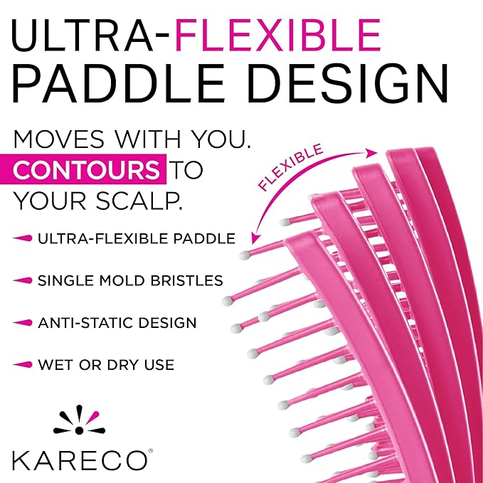 Premium Tangle Buster Brush – Soft Nylon Travel-Friendly Bristles – Long Durable Rubber Handle – Ideal for Wet and Dry Hair & Easy Grooming, Pink Color