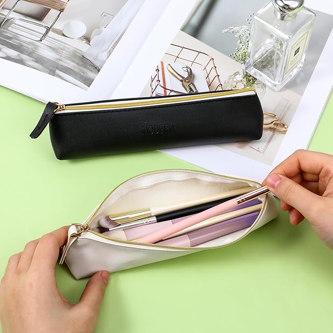 2pcs Small Leather Pouch Mini Cosmetic Bag with Zipper - Portable Cosmetic Organizer for Women & Girls - Black and White