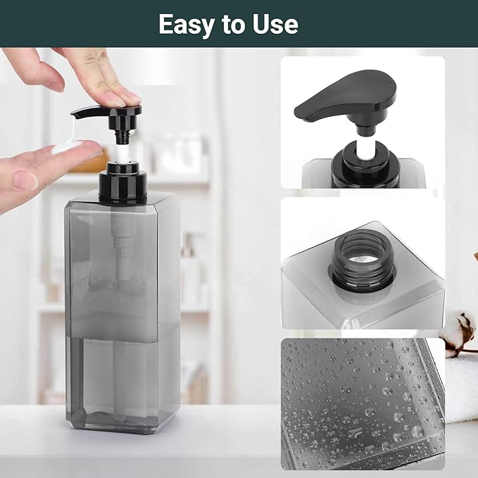 Suream 3 Packs Shampoo Dispenser, 27oz/800ml Square Plastic Shower Bottles Refillable with Labels, Shampoo Pump Dispenser for Bathroom Vanities, Grey