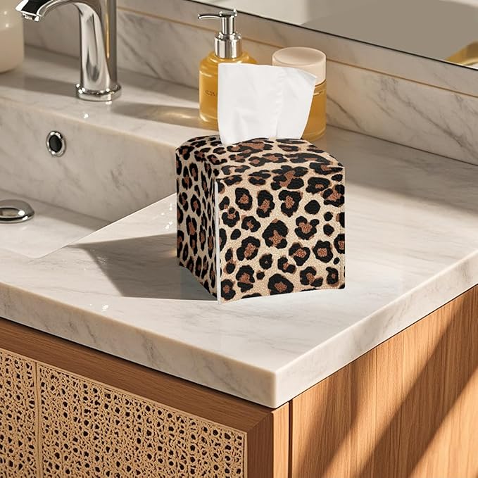 Leopard Print Tissue Box Cover Cute Animal Brown Black Leather Tissue Box Holder Square Facial Paper Organizer Dispenser for Bathroom Kitchen Bedroom Vanity Countertop Night Stands