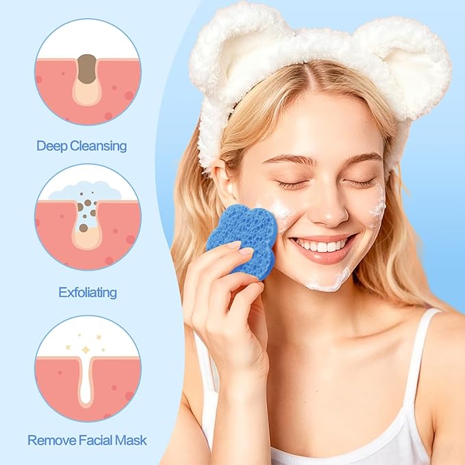 50-Count Facial Sponges, Natural, Blue, Modern Style, Reusable, Exfoliating, Cleansing, Makeup Removal, Travel-Friendly, Gift for Her