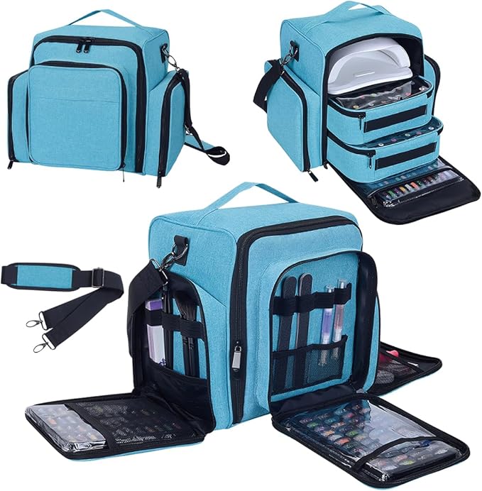 Nail Polish Organizer Holds 60 Bottles and a Nail Lamp,Portable Travel Case with 2 Removable Bags and Tools Storage Pockets Green