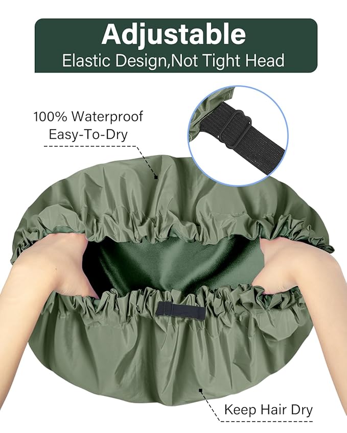 Aquior Shower Cap for Women, Extra Adjustable Shower Caps for Women Double-Layer Waterproof Reusable Hair Cap, Large Size Hair Cap for All Hair,for Girls Spa Bath,Soft and Comfortable (Green)