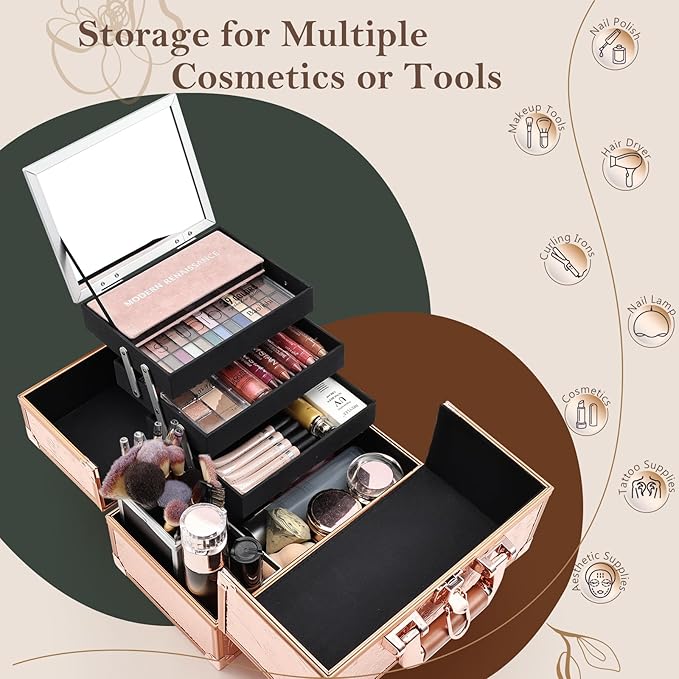FRENESSA Makeup Case 11.8 Inch Makeup Organizer Case Large Cosmetic Box with Mirror Portable 3 Trays Travel Storage Box for Make Up Nail Tech Kits Cosmetology Case 3D Rose Gold Floral