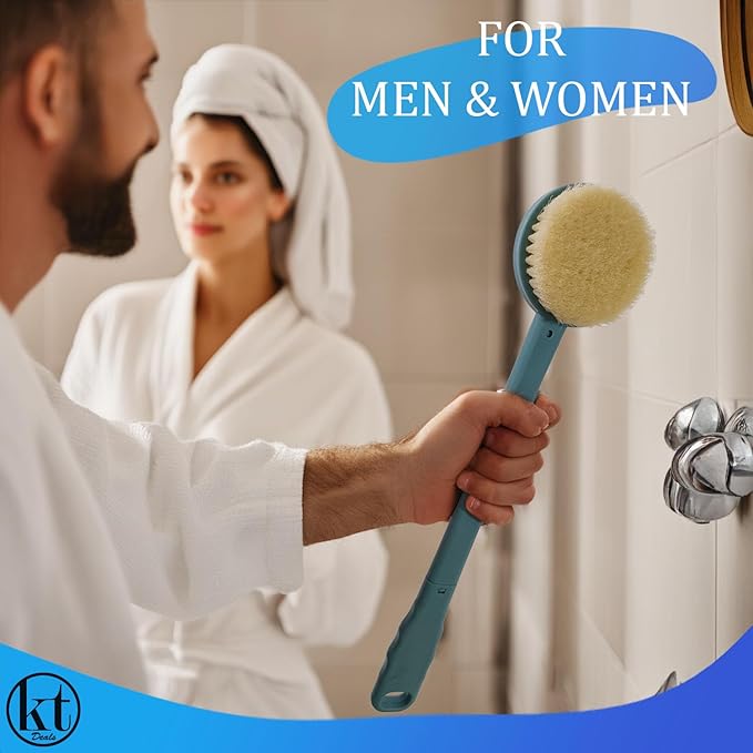 Bath Body Brush 15" Long Handle Back Shower Brush Exfoliating Back, Body and Feet Scrubber (Blue)