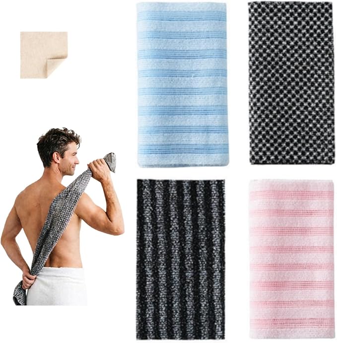 Exfoliating Body Scrubber, Back Scrubber for Shower, Japanese Exfoliating Washcloth Towel, Loofah Sponge Net Body Exfoliator for Men Women+Free Loofah Dish Towel (4Pcs Long Bath Towel)