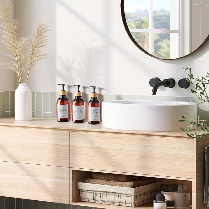 VITVITI Shampoo and Conditioner Dispenser, Body Wash Shower Soap Dispenser Wall Mounted 3 Chamber, Drill Free 17oz Plastic Shower Bottles for Bathroom, Brown 3 Sets