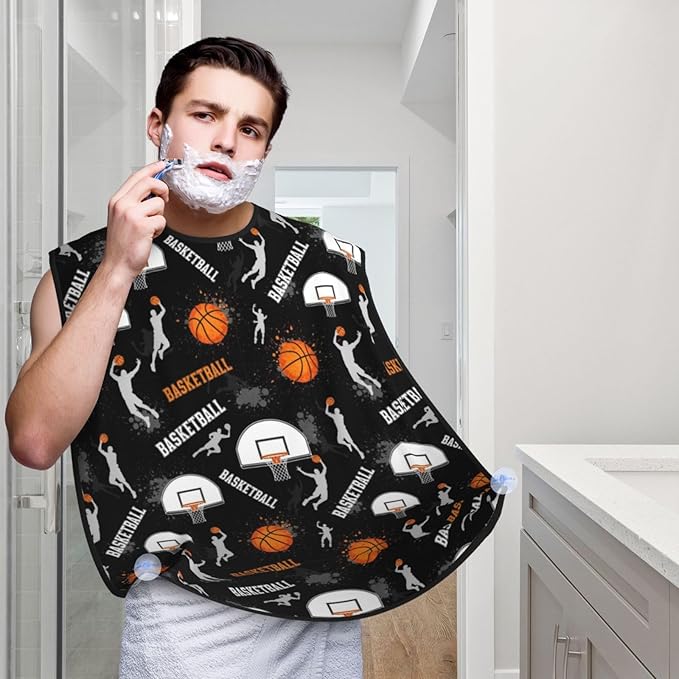 Beard Trimming Catcher Apron, Waterproof Non-Stick Grooming Bib for Shaving, Ideal for Men Dad Father’s Day, Game Sports Basketball Print Shave Bib
