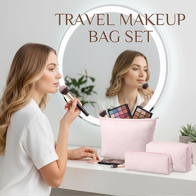 Paterr 3 Pcs Quilted Makeup Bag Set Small Bridesmaid Cosmetic Bag Aesthetic Travel Toiletry Pouch Cute Purse Pencil Case Makeup Storage Organizer for Women Birthday Gifts(Cotton,Pink)