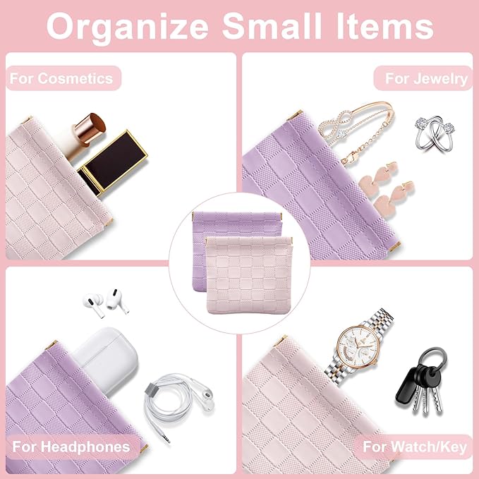 4Pcs Small Makeup Bag for Purse, Mini Checkered Leather Purse Pouches for Purse Small Makeup Pouch Small Coin Purse Organizer Pouches, Portable No Zipper Pocket Cosmetic Bag for Women (Pink, Purple)