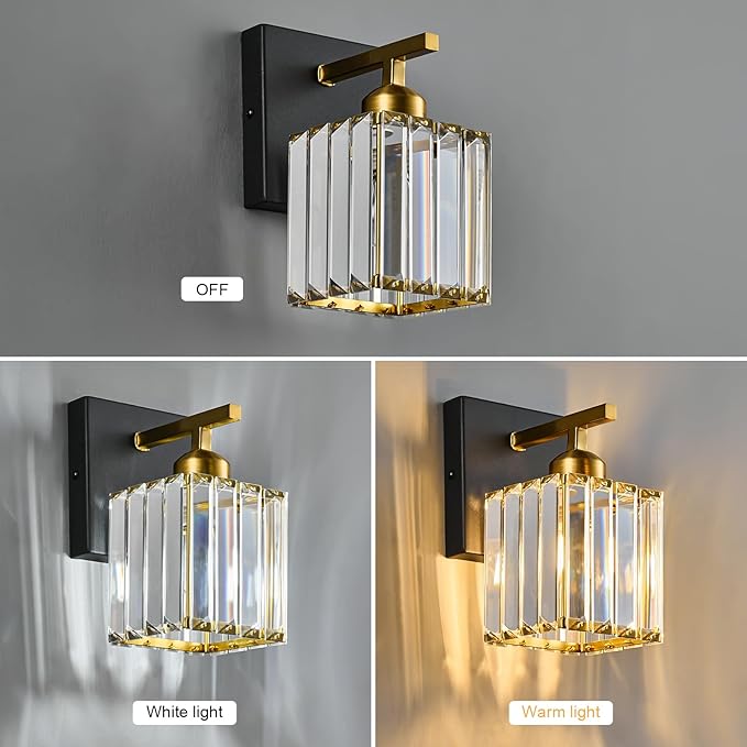 Modern Wall Sconce Set of Two Indoor Wall Lamp Black Gold Wall Sconces Crystal Wall Light Bathroom Vanity Light Fixtures Wall Mounted Room Sconce Wall Lighting