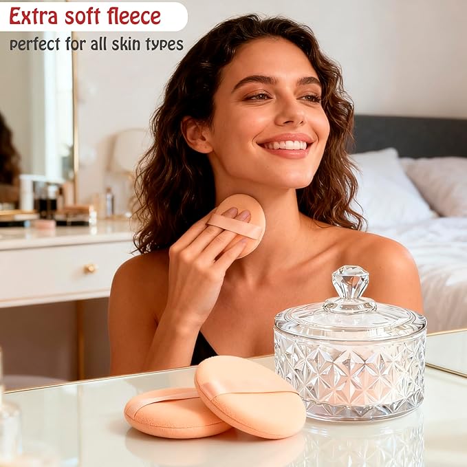 Large Body Powder Puff and Container - 2 Powder Puffs for Women Bath and Face Dusting Powder, Makeup Setting Powder Applicator for Talcum or Loose Powder (Beige)