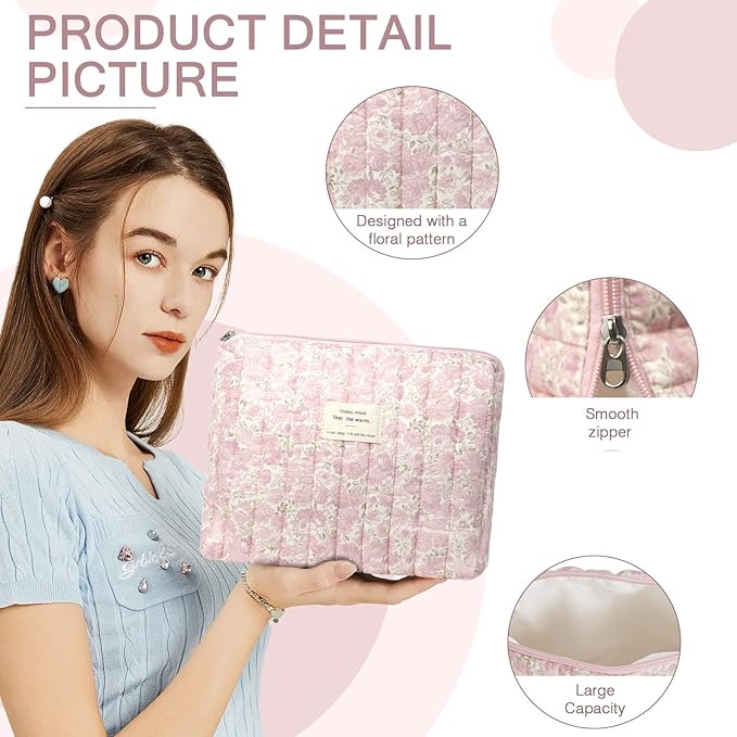 2PC Makeup Bag Set, Cute Cosmetic Bag for Women Girls, Floral Coquette Aesthetic Toiletry Bag, Travel Make Up Organizer Bag (Pink Rose)