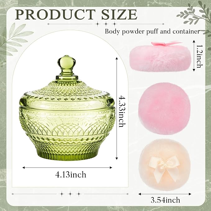 Tioncy 3 Pcs Large Body Powder Puff and Container Valentine's Day gift Powder Container with Puff Crystal Case Soft Washable Reusable Velour Face Body Glitter Wet Dry Makeup(Retro,Olive Green)