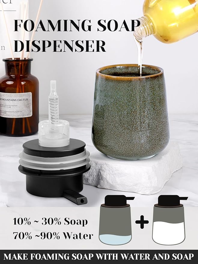 INGOFIN Ceramic Foaming Soap Dispenser -12oz Foam Hand Soap Dispenser Bathroom, Modern Refillable Dish Wash Soap Bottle for Kitchen with Large Pump -Kiln-Glazed Blue Green
