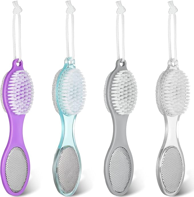 Sieral 4 Pack Pumice Stone Brush for Feet 4 in 1 Scrubber Foot Care Pedicure Kit with Grinding Pumice, Cleaning Brush, Foot File and Rubbing Footplate for Women Men Home Care Set