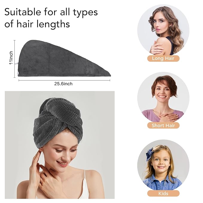 SINLAND Microfiber Hair Drying Cap Hair Towel Turban Twist for Women Fast Drying Towels Head Turban Absorbent Soft Lightweight 3 Pack Grey