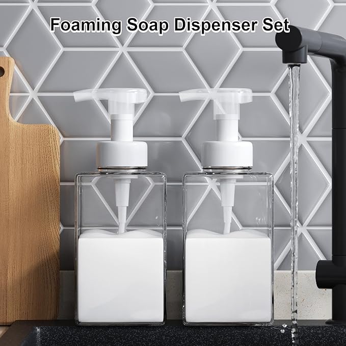 Foaming Soap Dispenser for Bathroom & Kitchen 15 Oz, Refillable Foam Hand Soap Dispenser for Liquid Soap, 2Pcs Foam Pump Bottle with Waterproof Labels, Clear