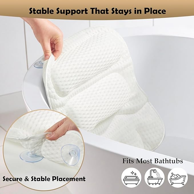 Bath Pillows for Tub, Full-Body Relaxation with Head, Neck & Shoulder Support, Ergonomic Design, 10 Suction Cups, Breathable 4D Air Mesh (White)