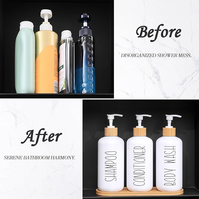 MOMEEMO White Shampoo and Conditioner Dispenser Set, Contains 3 Extra-Thick PET Plastic Bottles, Refillable Shampoo and Conditioner Bottles Perfect for Farmhouse Bathroom Decor. (White)