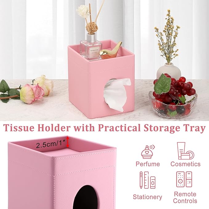 Sumnacon Square Tissue Box Cover with Storage Tray, Decorative Cube Tissue Holder PU Leather Facial Tissues Organizer Stylish Modern Tissue Dispenser for Bathroom Toilet Tank Vanity Dresser Table
