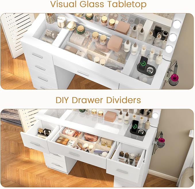 Quimoo Vanity Desk with Glass Top & Large Lights Mirror, 3 Adjustable Lighting Color, 46" Makeup Vanity Desk with 9 Drawers and 12 LED Lights, Vanity Table, Dressing Table for Bedroom(White)