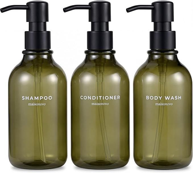 MaisoNovo Refillable Shampoo and Conditioner Bottles - 16.9 fl oz Set of 3 Green Plastic Bottles Black Plastic Pumps