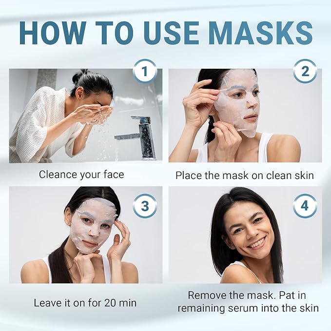 8 Pack Hyaluronic Acid Face Mask with Peptides Complex - Deep Hydrating & Brightening Facial Sheet Mask - Moisturizing Face Masks Skincare Facial Sheets for All Skin Types