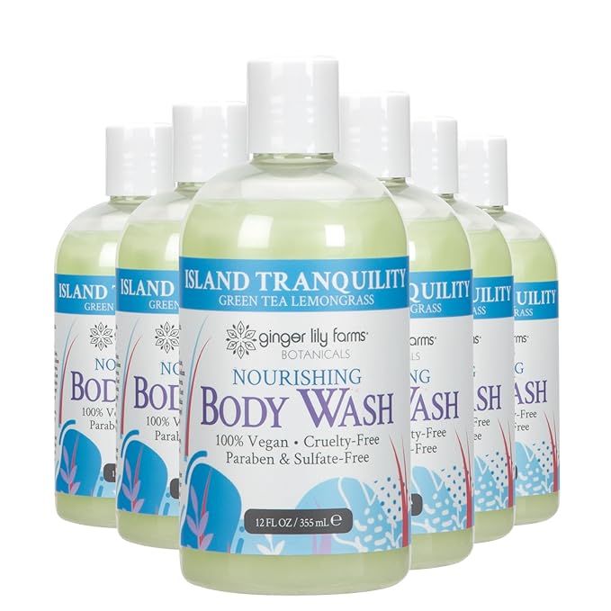 Ginger Lily Farms Botanicals Nourishing Body Wash, Island Tranquility, 100% Vegan & Cruelty-Free, Green Tea & Lemongrass Scent, 12 Fl Oz (Pack of 6)