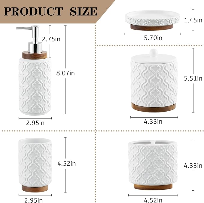 Elegant Bathroom Accessories Set 5 PCS Ceramic and Wood Bathroom Accessory Set Soap Dispenser Toothbrush Holder Tumbler Soap Dish Cotton Swab Jar Easy to Clean Quatrefoil Pattern White