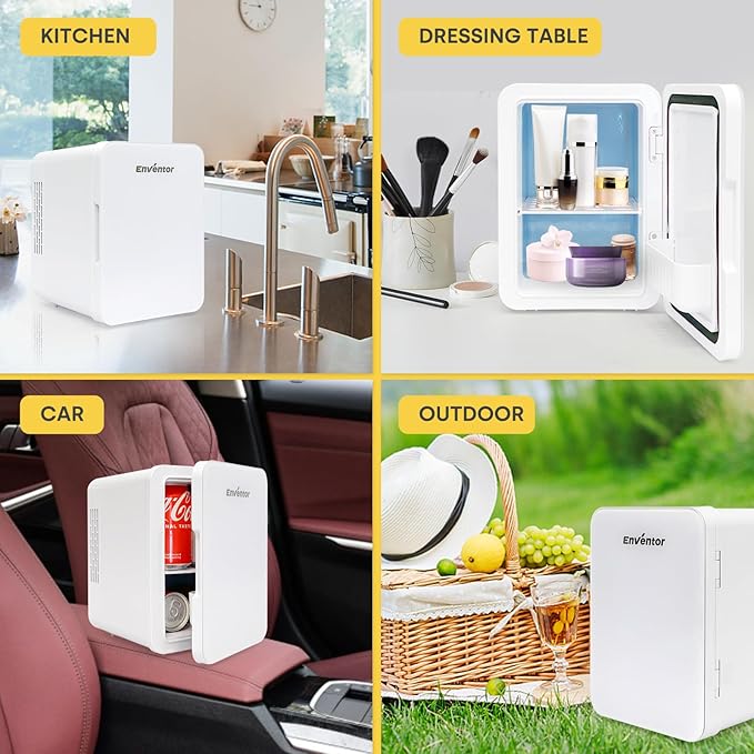 Enventor Mini Refrigerator, 4L/ 6 Can Compact Skincare Fridge AC+DC Power Cooler & Warmer Small Refrigerator for Bedroom, Skincare, Makeup, Cosmetics, Car, Office (White)
