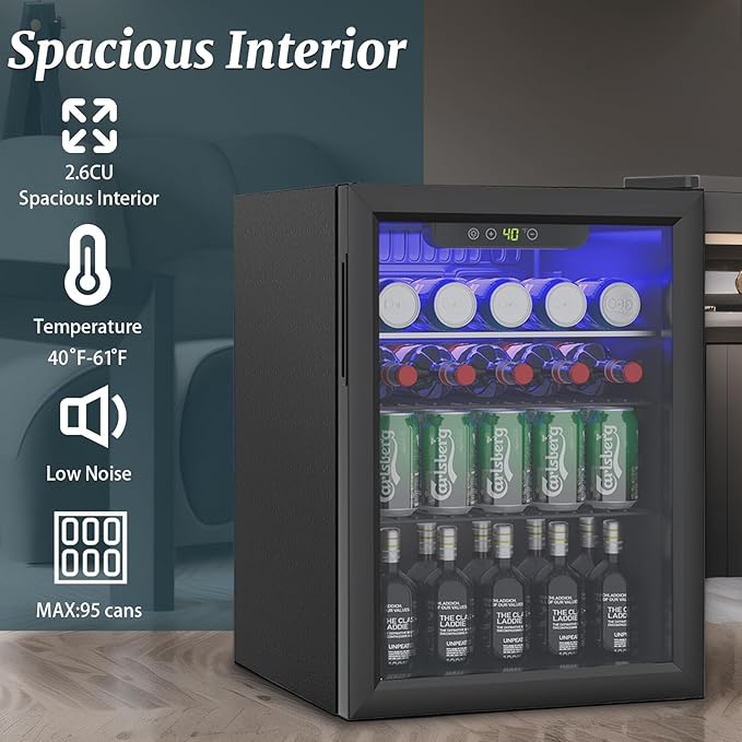 Compact Beverage Refrigerator, 2.6Cu.Ft/95 Can Mini Fridge with Glass Door and Digital Display, Small Drink Fridge with Adjustable Shelves for Soda, Beer, or Wine, Compact Fridge for Home